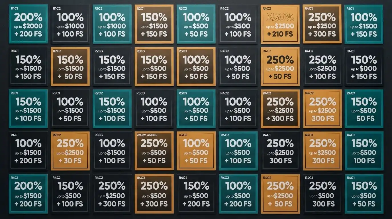 A grid of casino welcome-offer banners showing different match percentages, maximum amounts and free-spin counts side by side