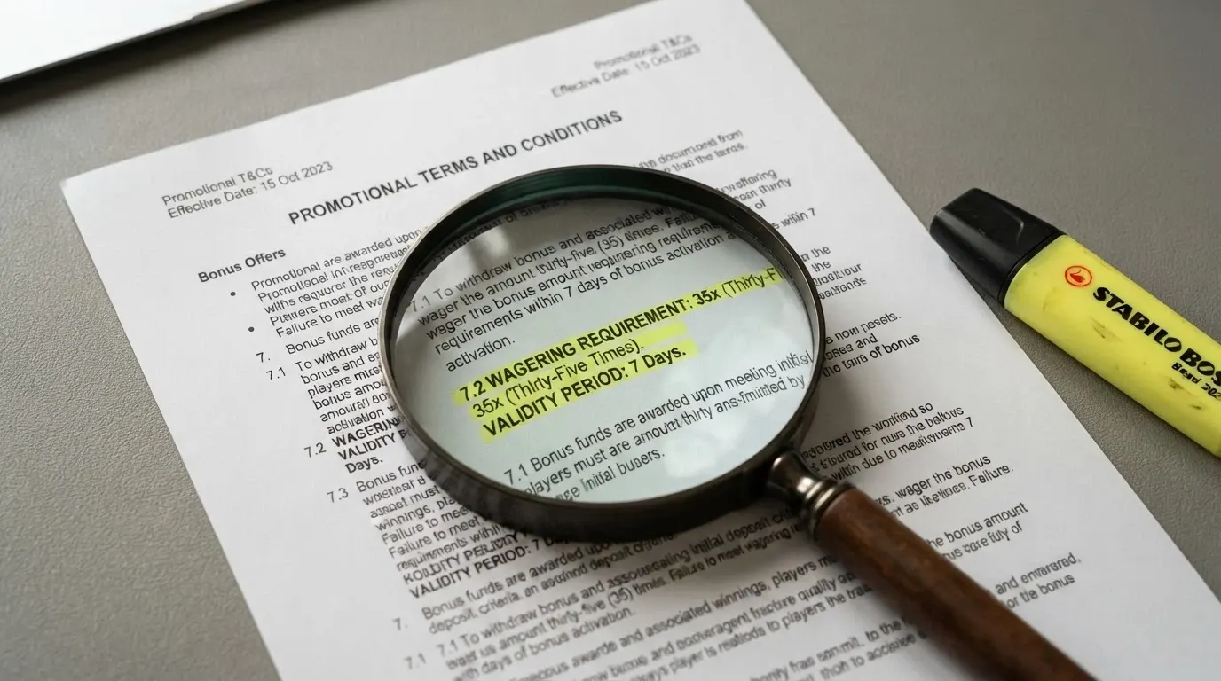 A close-up of bonus terms and conditions text with a magnifying glass highlighting a wagering requirement clause and a short validity window