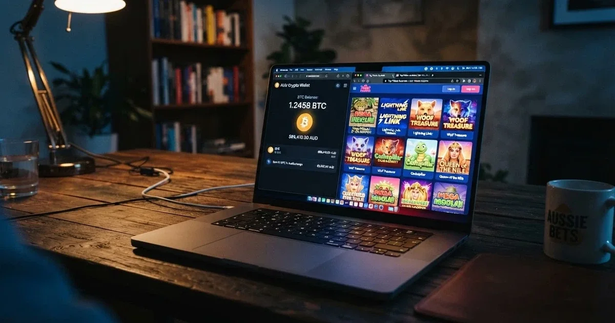 A laptop screen showing a Bitcoin wallet balance beside an online casino game lobby with pokies thumbnails visible