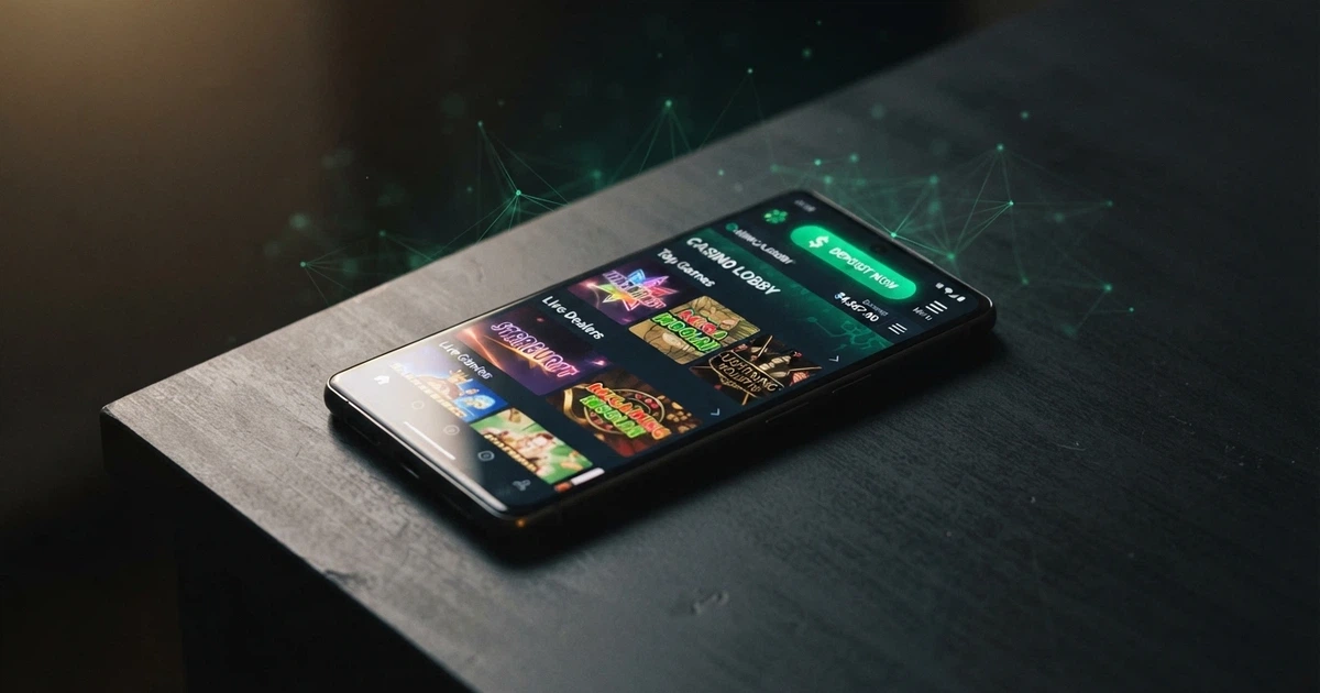 A smartphone displaying a casino lobby screen with a Bitcoin Cash logo and BCH deposit option, set against a darkened background with subtle green data-network patterns