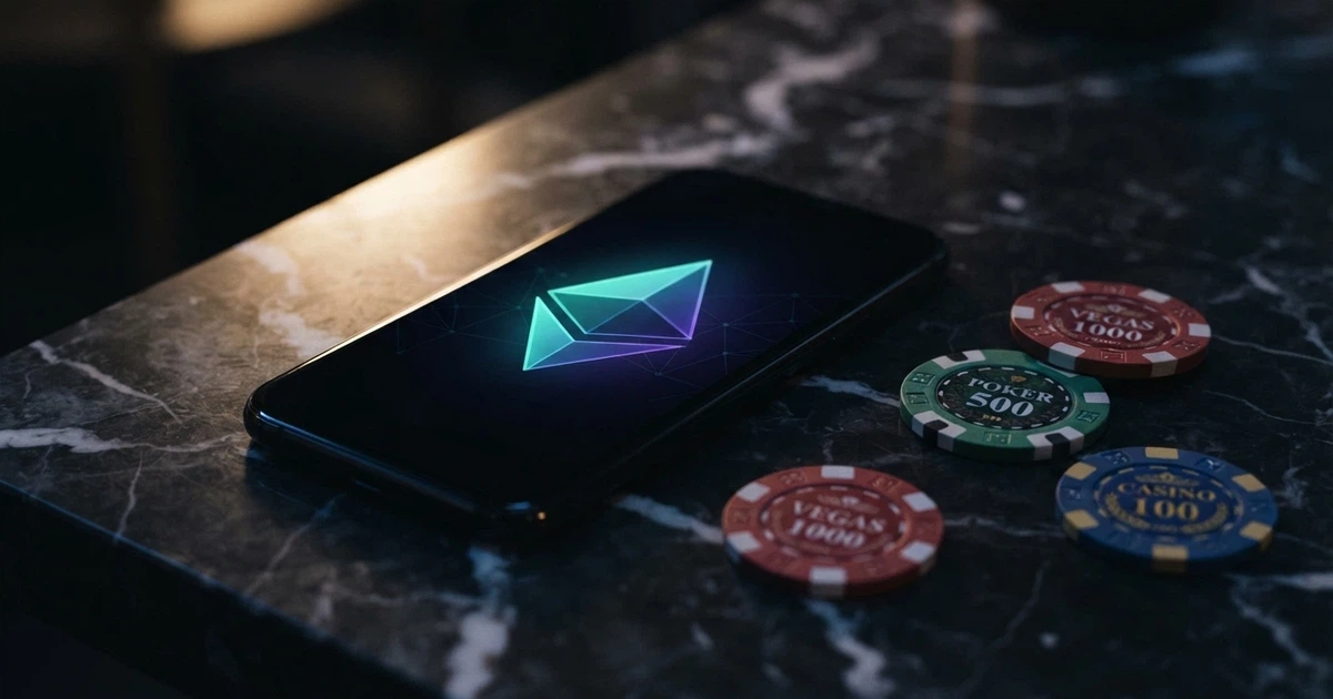 A smartphone screen displaying an Ethereum logo alongside casino chip icons on a dark background, with a subtle Australian-themed colour accent