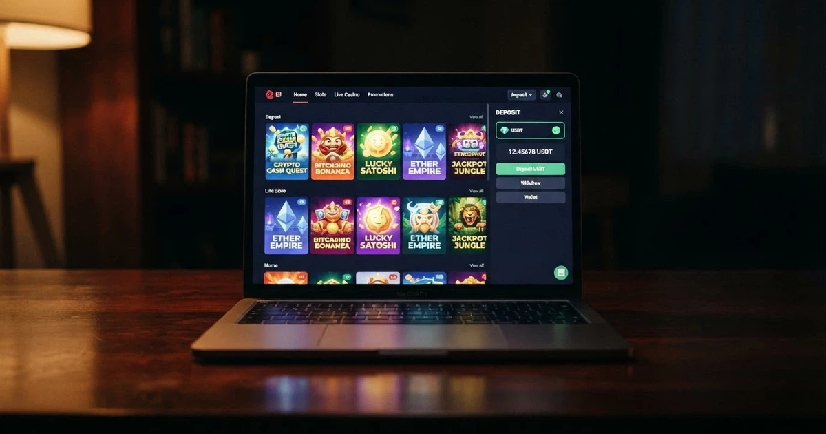 A laptop screen showing a crypto casino lobby with a USDT deposit option highlighted
