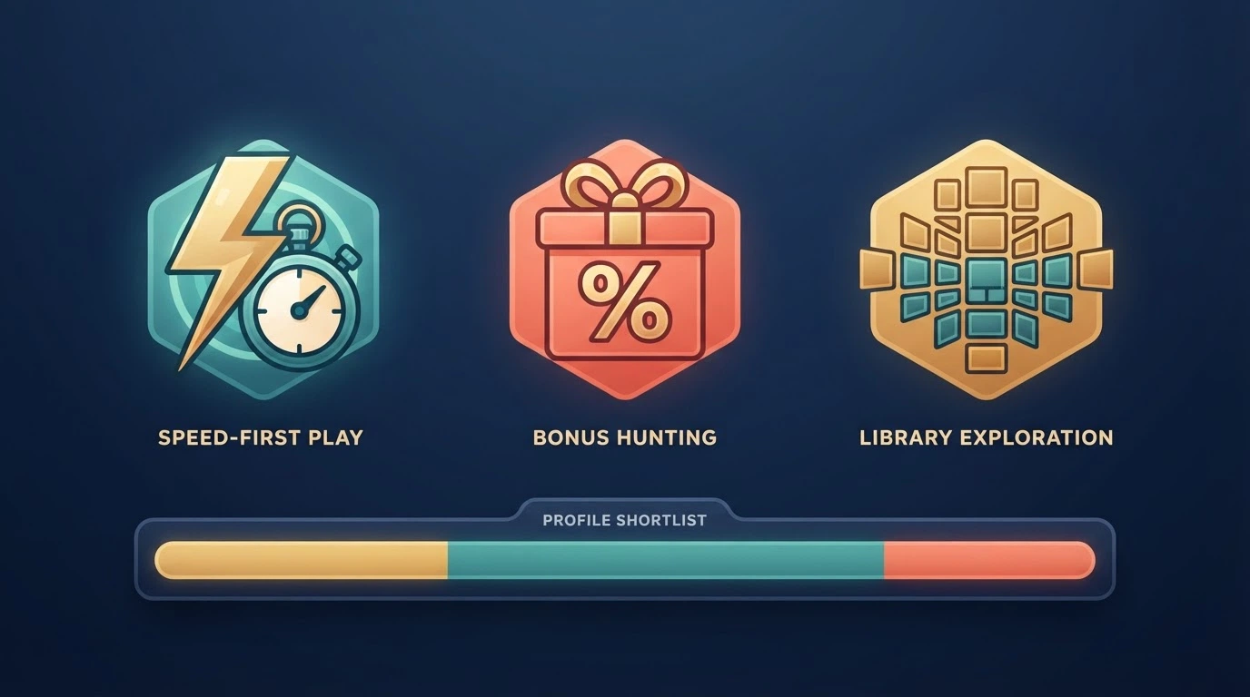 Three distinct player profiles — speed-chaser, bonus-hunter and game-explorer — represented by simple icons above a bitcoin pokies site shortlist