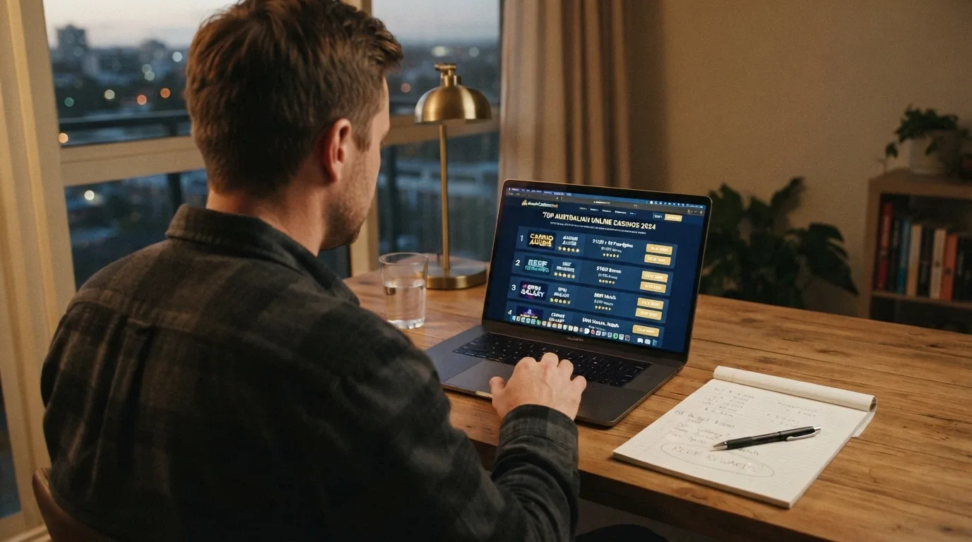 An Australian player at a desk with a laptop open to a casino comparison page, a notepad beside them with figures and a circled choice
