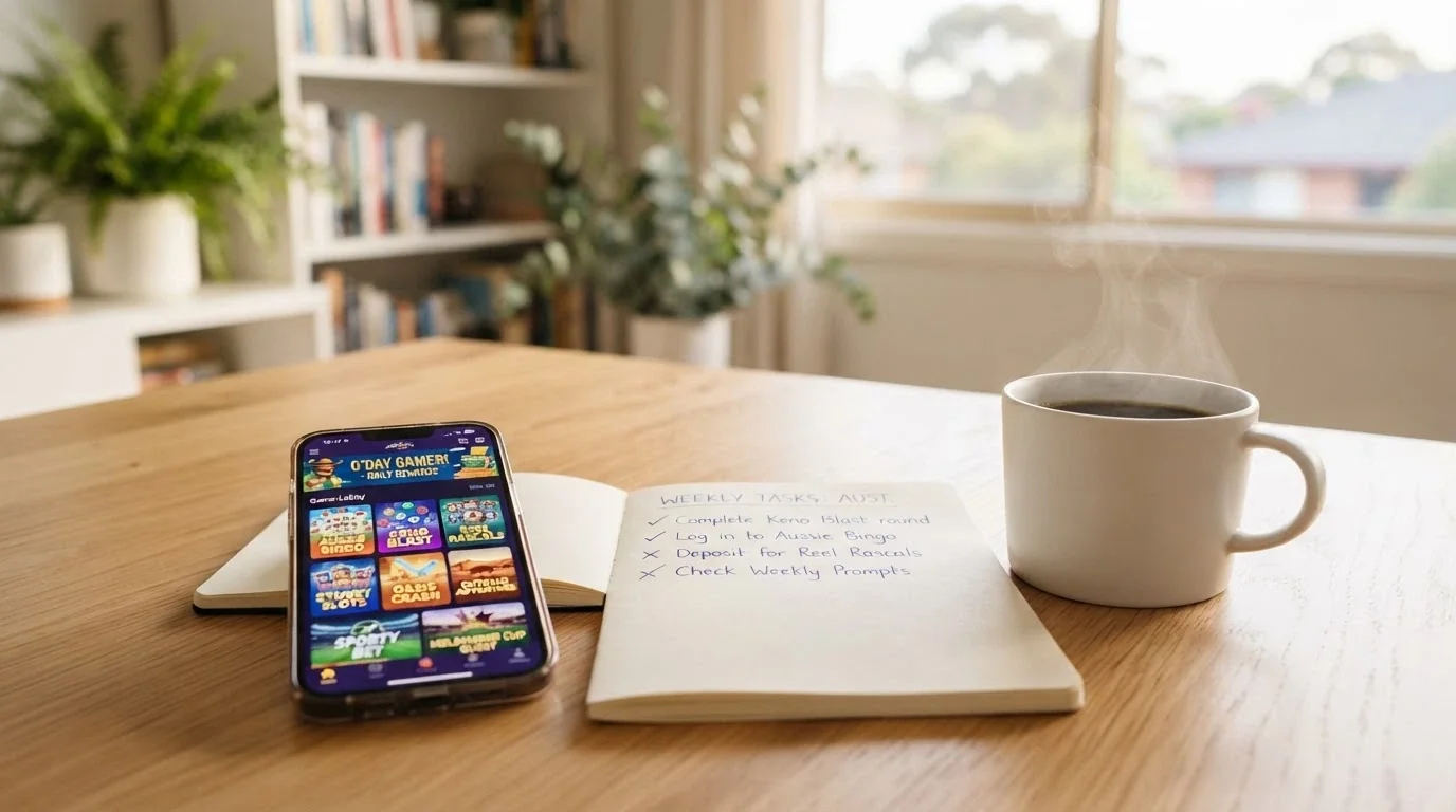 A smartphone on a table next to a notepad with a simple decision checklist — speed, bonus value, games, payment method — with a cup of coffee, suggesting a deliberate choice