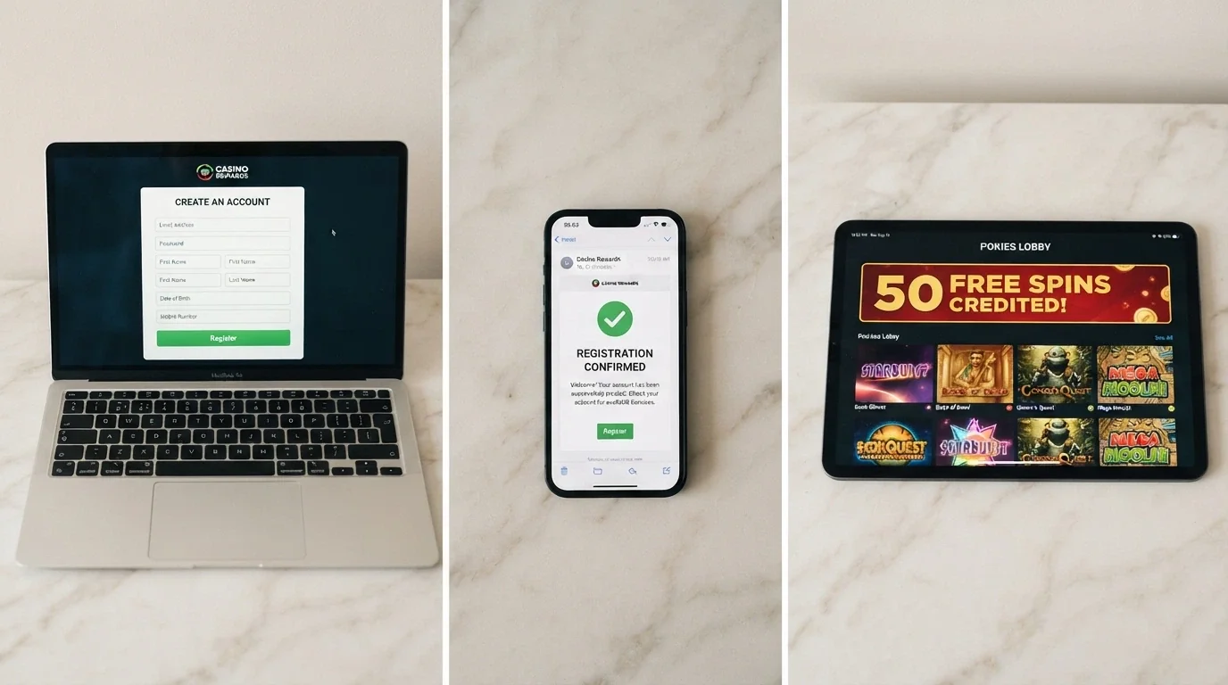 A three-panel illustration of the claim flow: a registration form on a laptop, a confirmation email on a phone, and a pokies lobby with “50 Free Spins Credited” highlighted