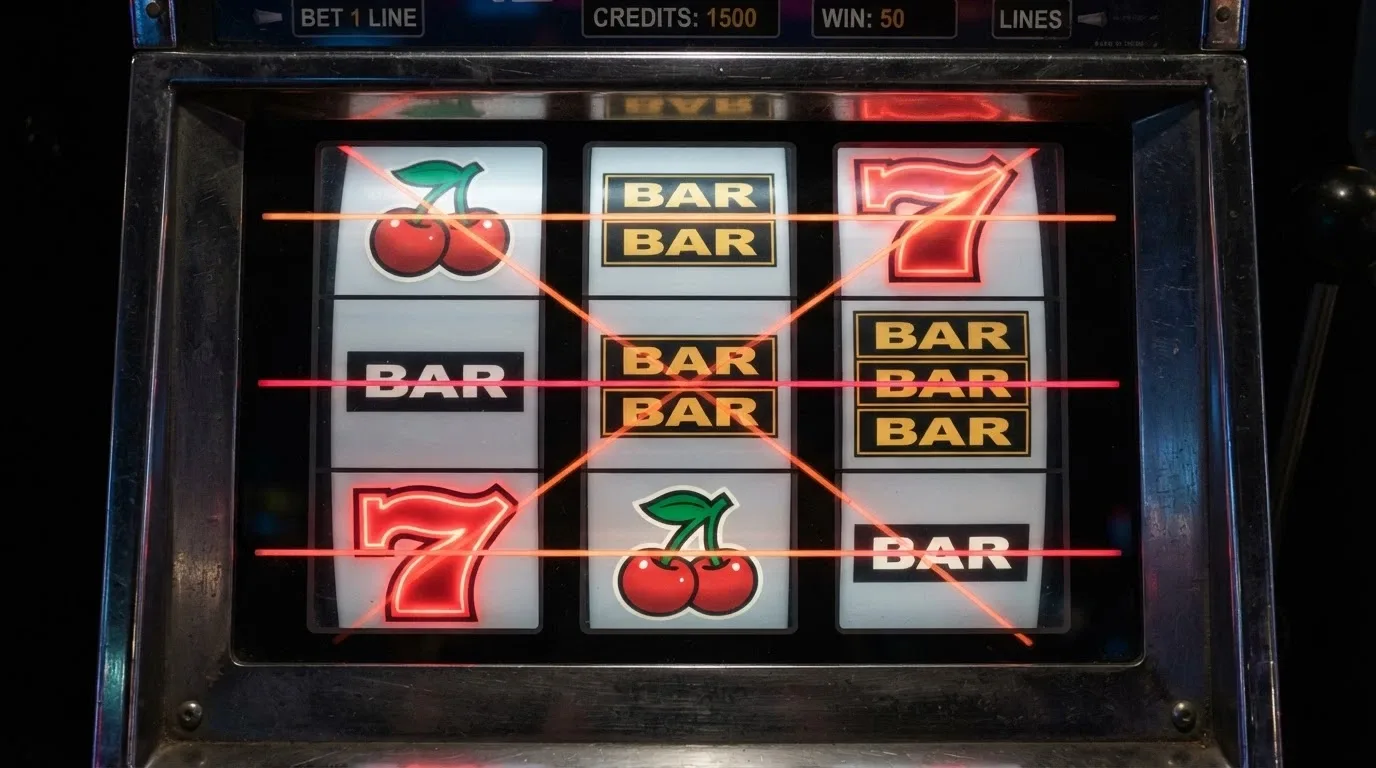 A close-up of a 3×3 pokie grid showing five paylines crossing the reels, with fruit and BAR symbols visible in the windows