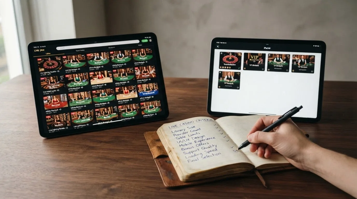 A split-screen comparison view showing two live casino lobbies side by side — one with a rich game-library grid and Evolution branding, the other more sparse — with a checklist overlay