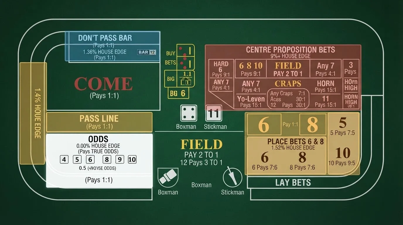The craps betting layout with the Pass Line, Don't Pass, Place numbers and Field highlighted, annotated with the house edge per region