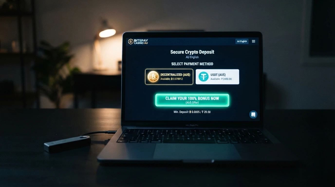 A crypto casino deposit screen showing bitcoin and USDT options alongside a no-deposit bonus claim button