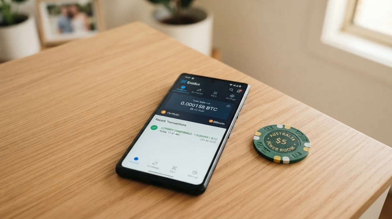 A cryptocurrency wallet interface on a smartphone showing a small BTC balance next to a casino deposit confirmation for the equivalent of a few Australian dollars