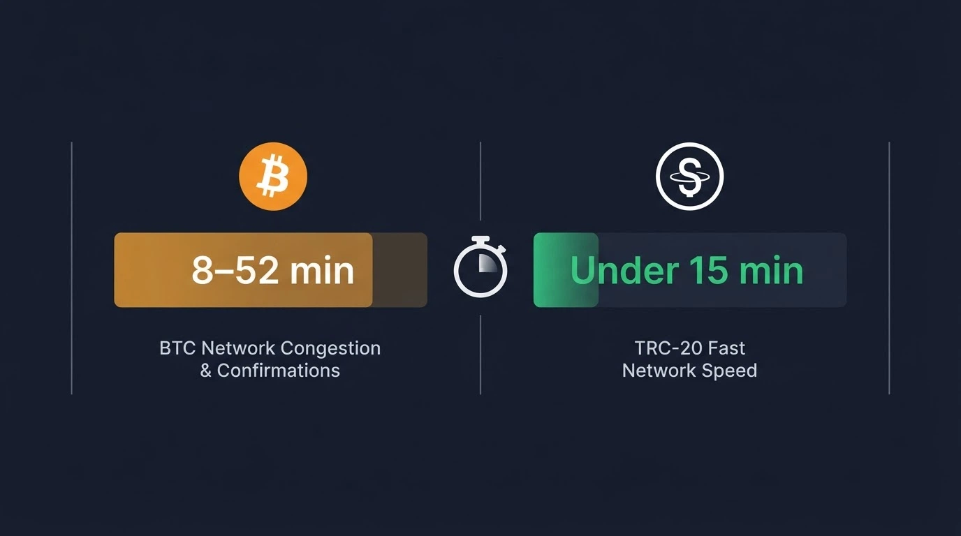 A visual comparison of withdrawal times — a stopwatch icon beside BTC (network-dependent, 8–52 minutes) and USDT TRC-20 (under 15 minutes)
