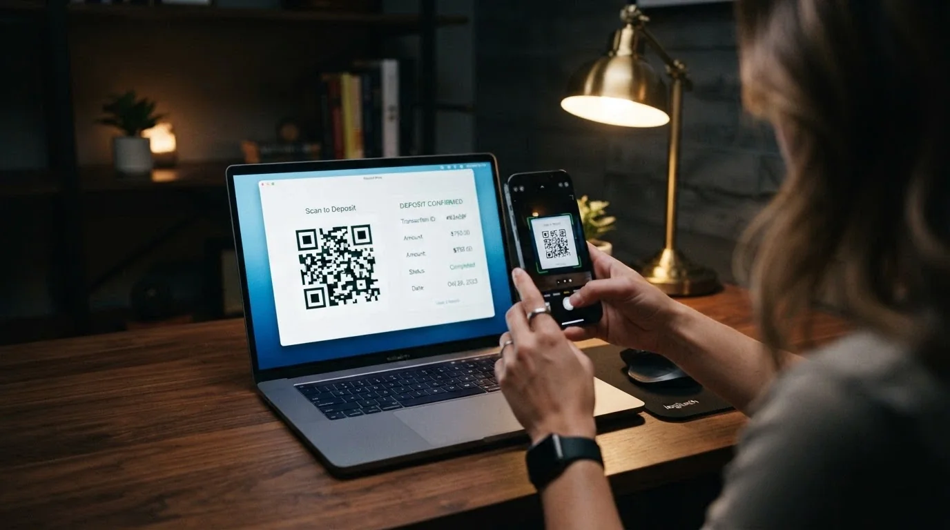 A Bitcoin wallet QR code displayed on a laptop screen next to a casino deposit page