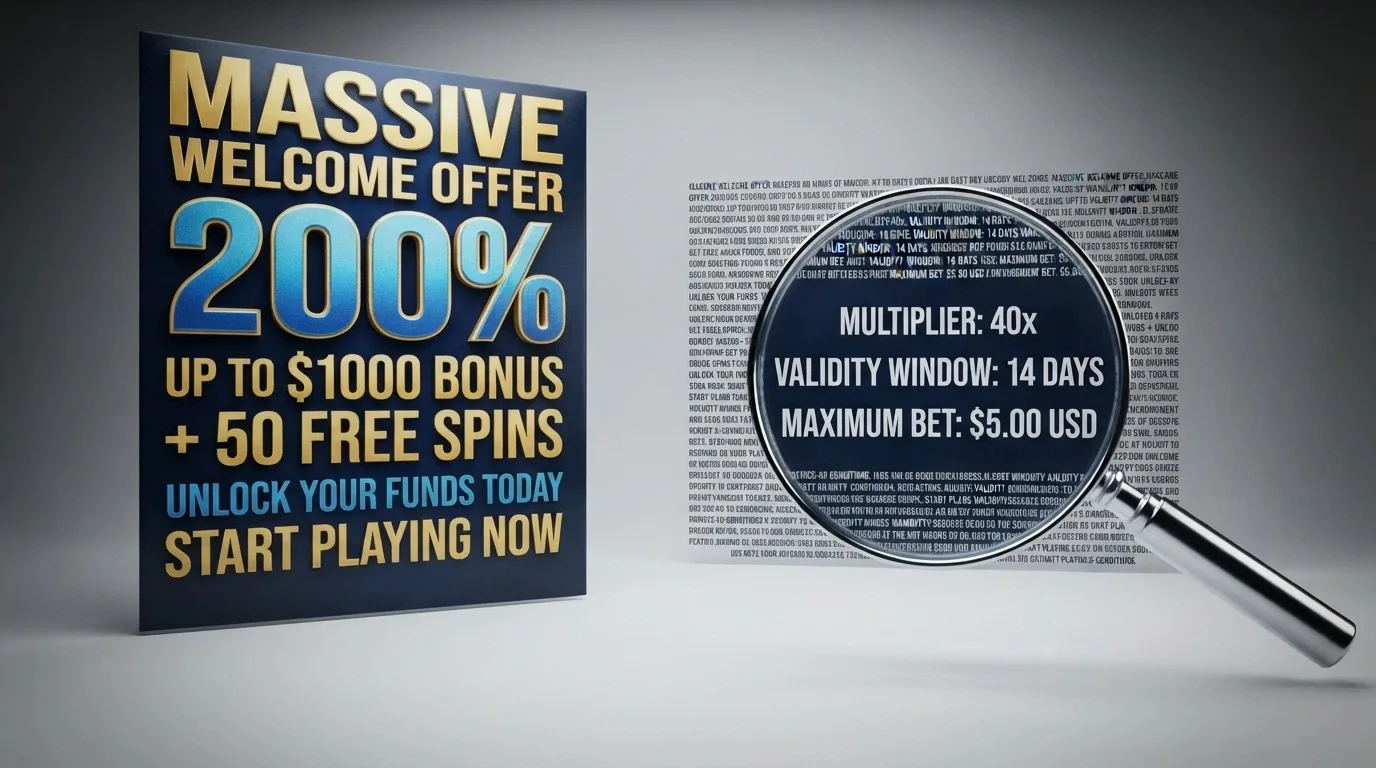 A split-image showing a large welcome-bonus banner on the left and a magnifying glass over wagering terms fine print on the right