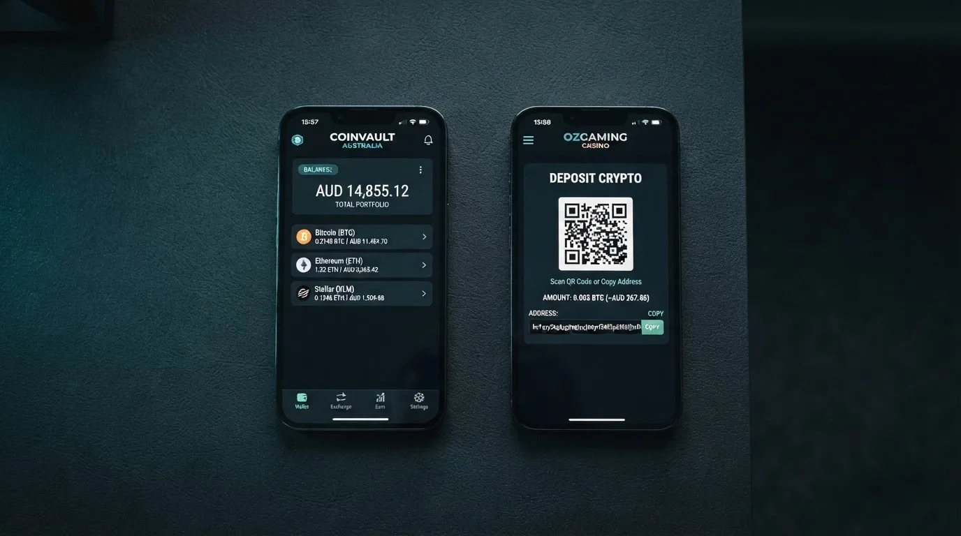 An iPhone showing a crypto wallet app with a USDT balance beside a casino deposit screen displaying a wallet address QR code
