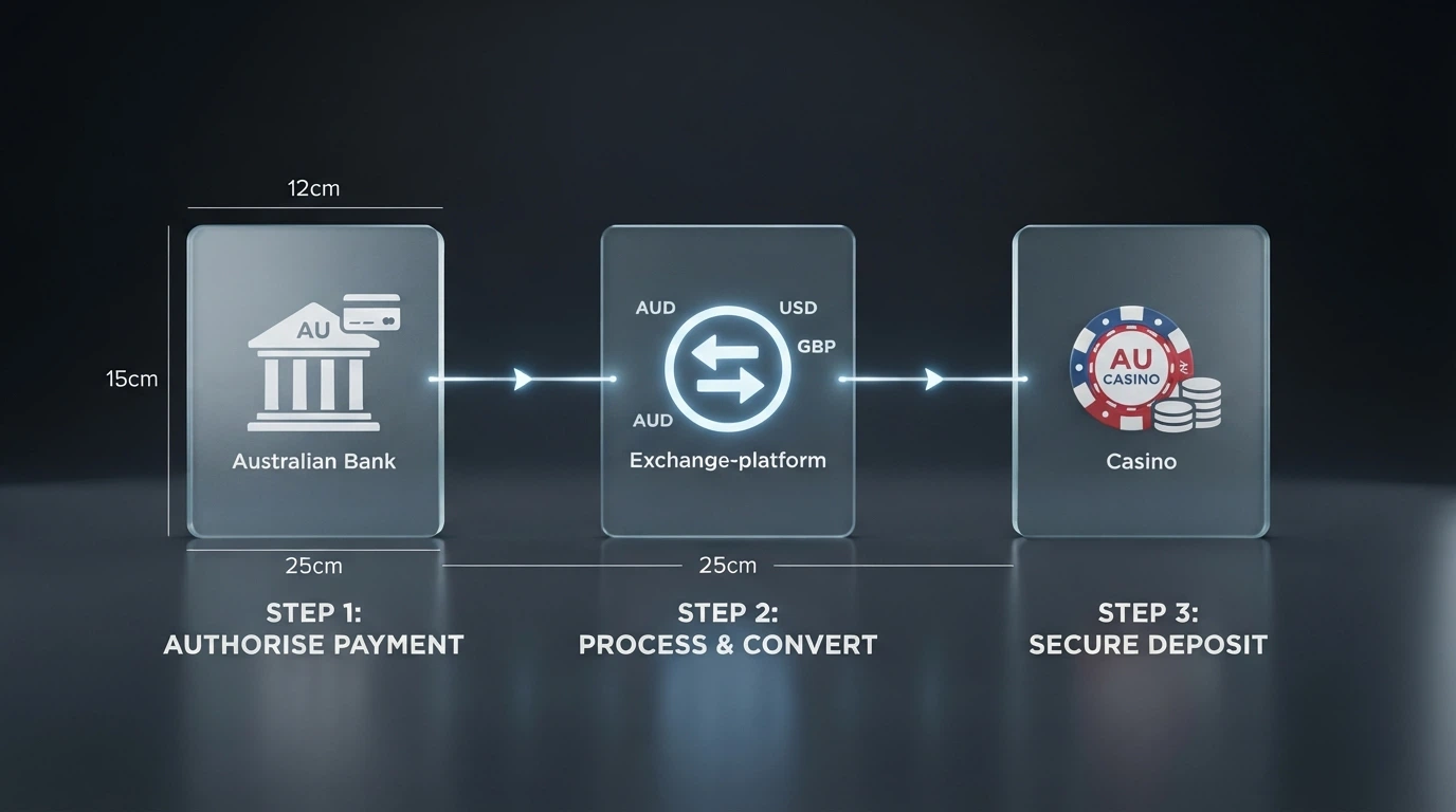 A simplified diagram showing the three-step AU crypto casino payment route: Australian bank → CoinSpot/Swyftx exchange → USDT TRC20 to offshore casino