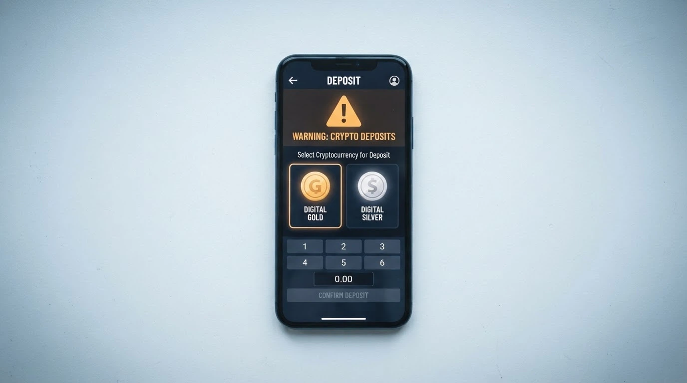 A smartphone screen showing a casino deposit page with Bitcoin and Ethereum options, overlaid with a warning symbol referencing the June 2024 ban