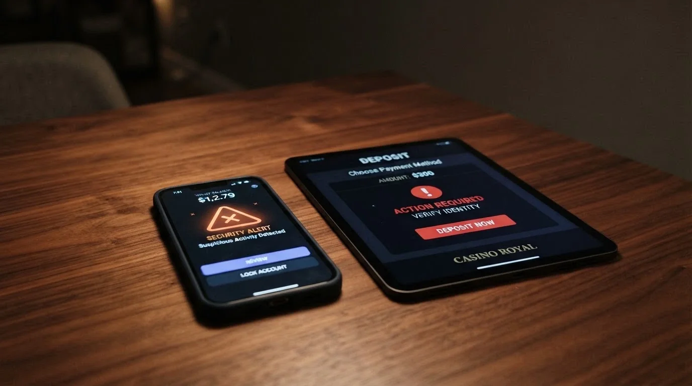A Bitcoin wallet interface on a smartphone next to a casino deposit screen with a visible warning icon