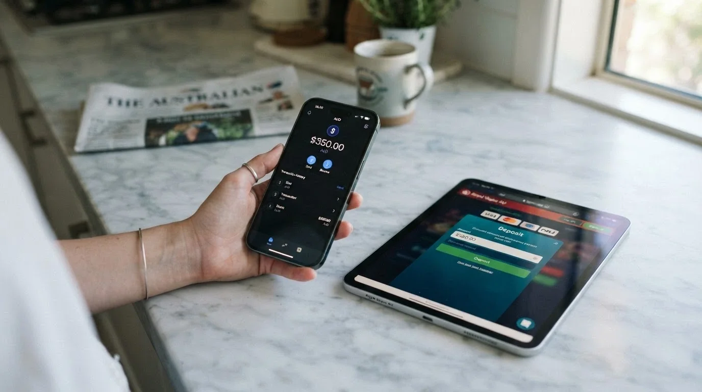A smartphone displaying a cryptocurrency wallet with a small USDT balance next to a casino deposit screen showing the same amount