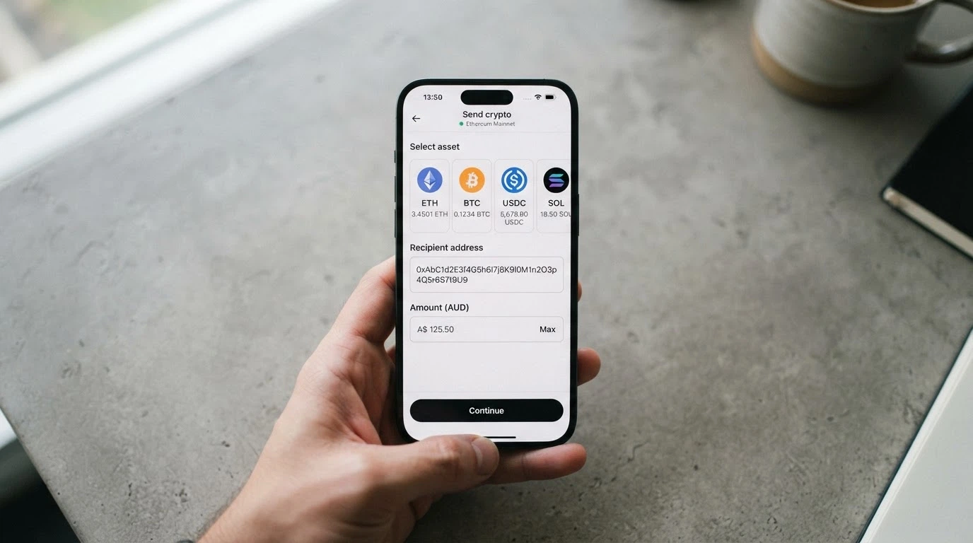 A cryptocurrency wallet send-screen showing Bitcoin, Ethereum, Litecoin and USDT as send options, with a casino deposit address displayed below