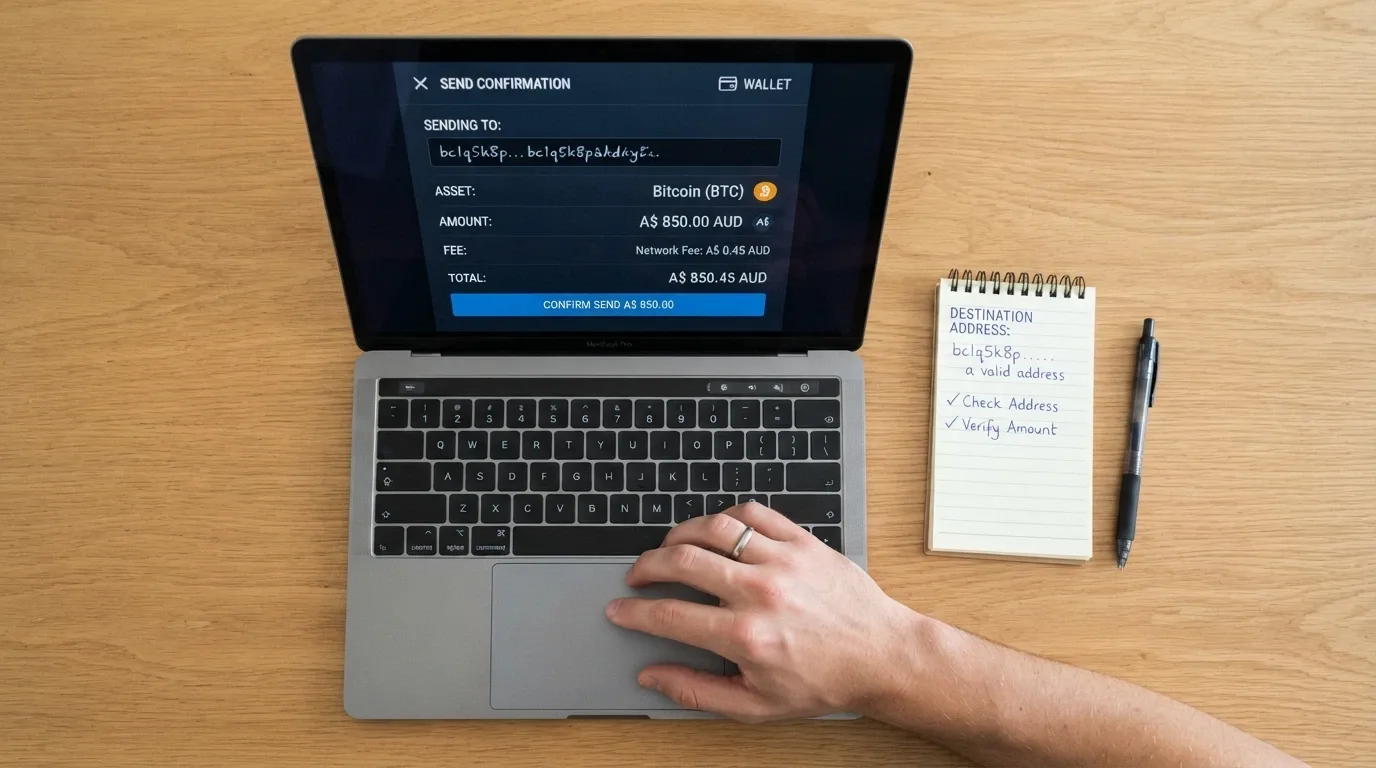 A laptop displaying a crypto wallet send-confirmation screen with a casino deposit address visible, overlaid with a subtle Australian regulatory warning icon