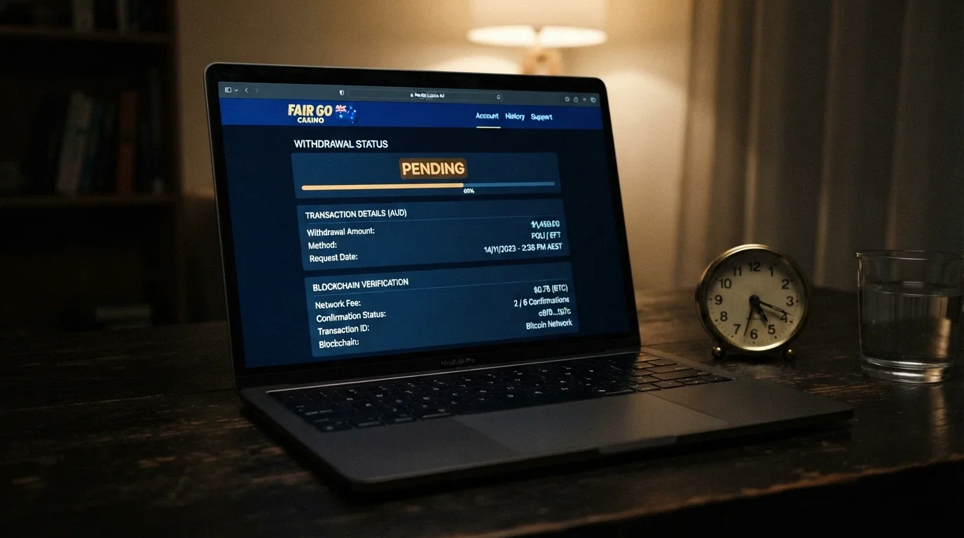 A casino withdrawal page showing a “pending” status beside a blockchain transaction in progress, with a clock and network fee visible