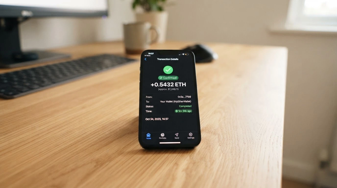 A cryptocurrency wallet interface on a smartphone showing a confirmed incoming transaction with a timestamp under 10 minutes