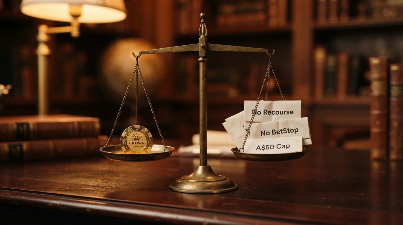 A balanced-scale visual: one pan holds a sparkly “50 Free Spins” chip, the other holds documents labelled “no ACMA recourse,” “no BetStop,” “A$50 cap” — the scale tips toward the documents