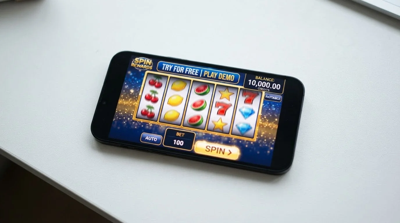 A single five-reel pokie screen in demo mode showing a play-money balance of 10,000 credits, with the spin button highlighted and a “Try for Free” banner across the top