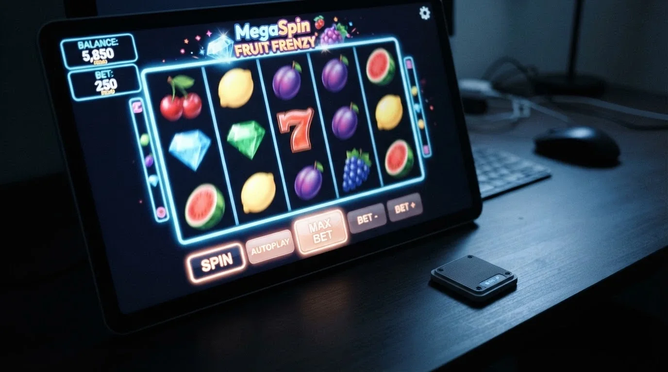 A pokie reel spinning in demo mode with a play-money balance visible, beside a muted sign-up button