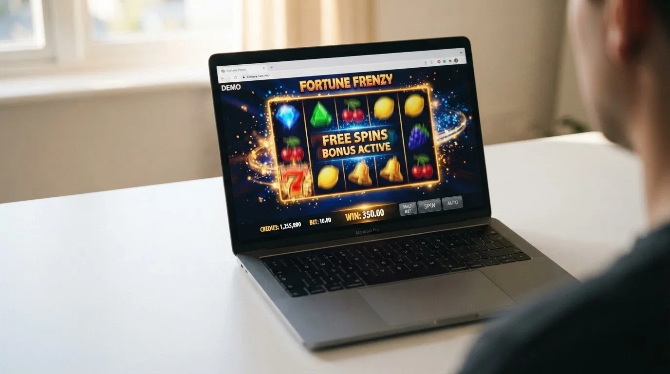 A free-play pokie game running in a web browser with a demo-balance counter and a free-spins feature activated