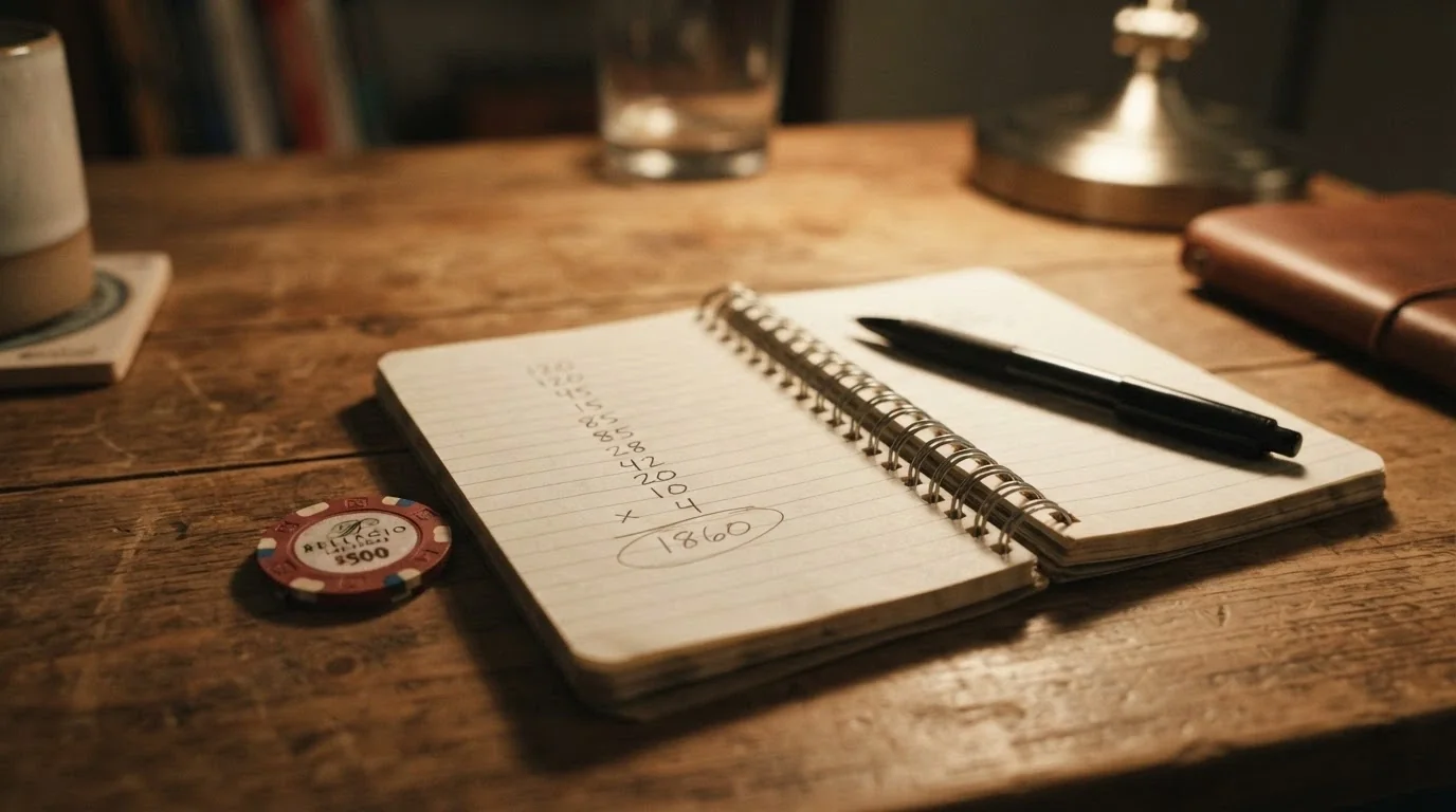 A notepad showing a simple gambling budget calculation (deposit, wagering multiple, turnover) beside a twenty-dollar note