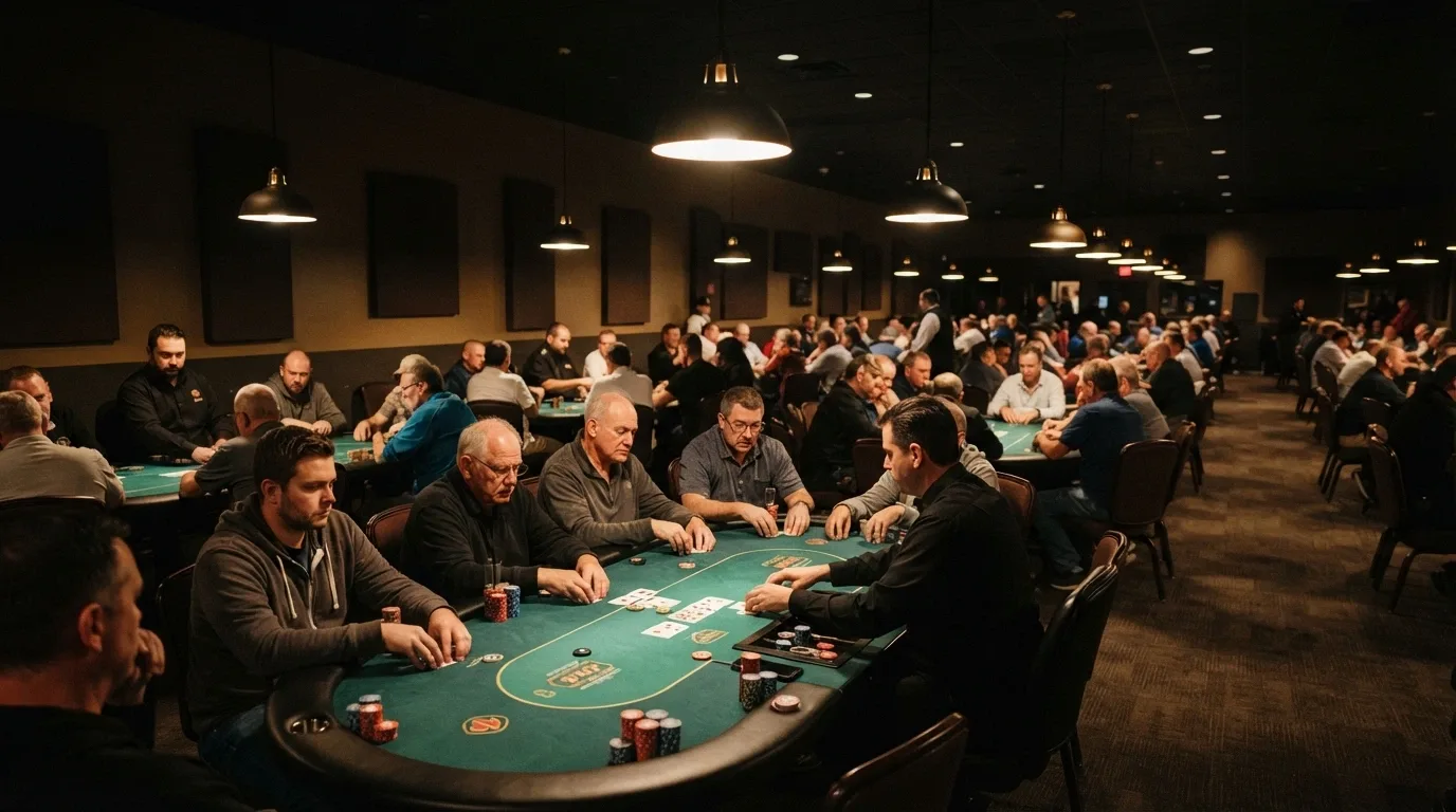The District poker room at SkyCity Adelaide with tournament tables in play and a dealer at each