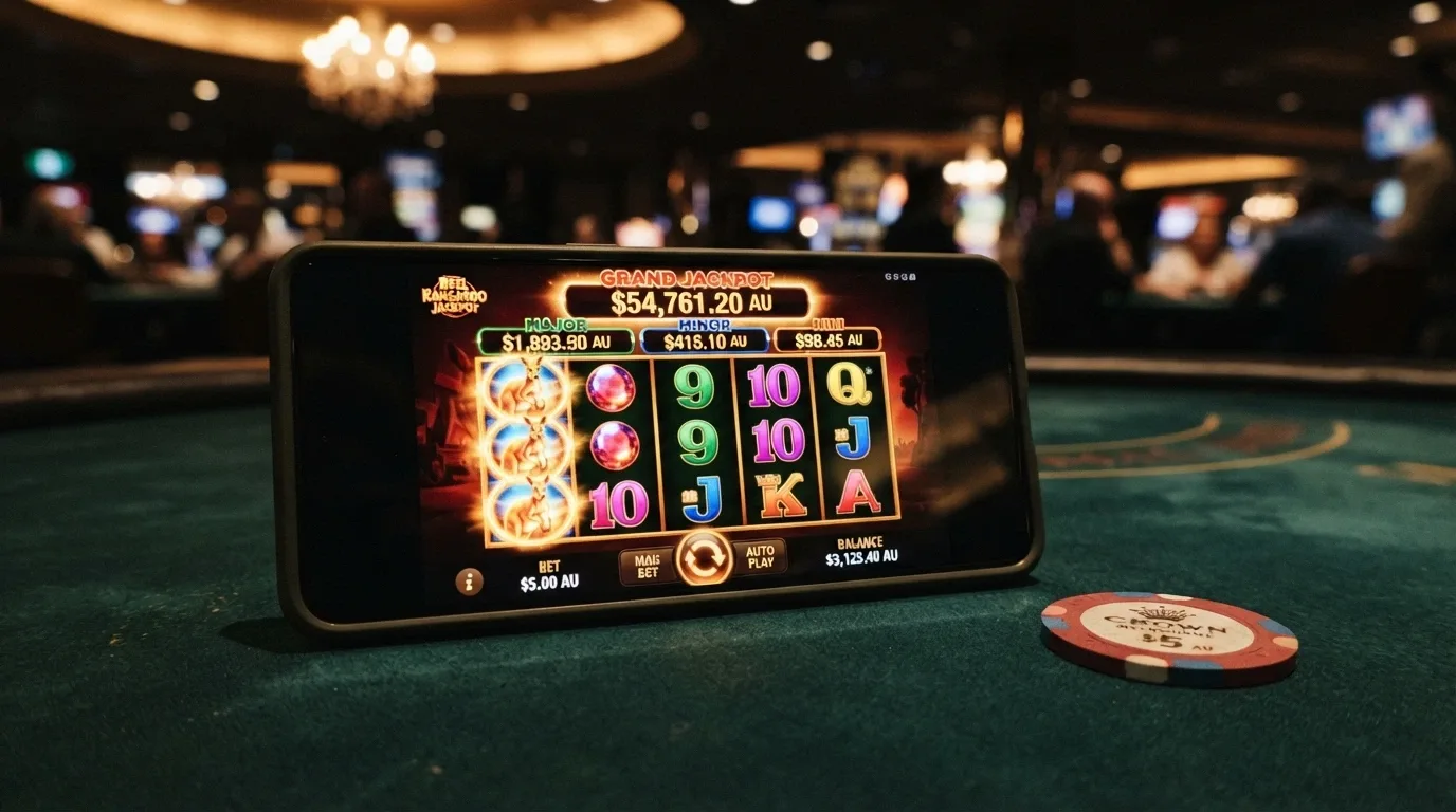 A smartphone in landscape orientation showing a Dragon Link or Lightning Link pokies title mid-spin, with the progressive jackpot values displayed above the reels
