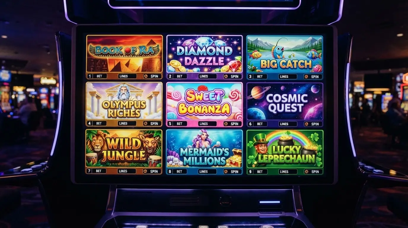 A grid of pokies title-card icons with the most commonly eligible titles visible