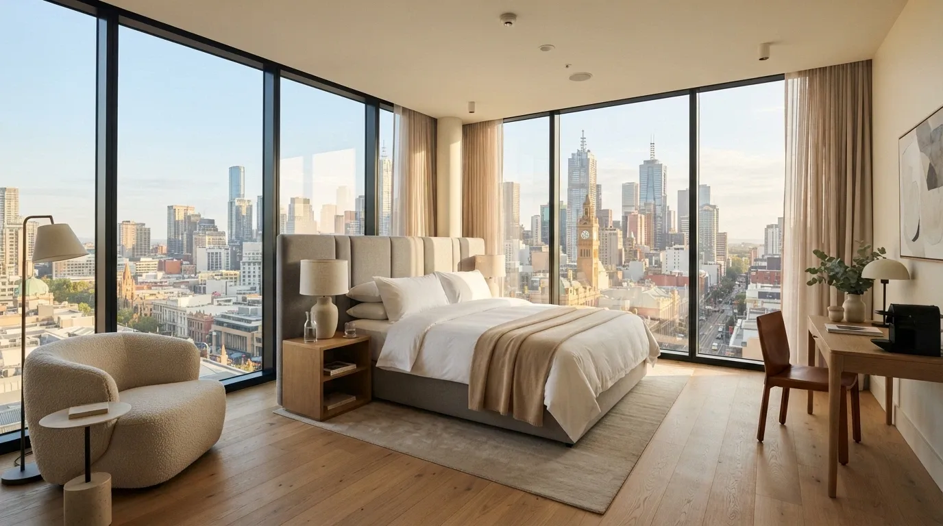 A king room at EOS by SkyCity showing the bed, city view through floor-to-ceiling windows and boutique finishes