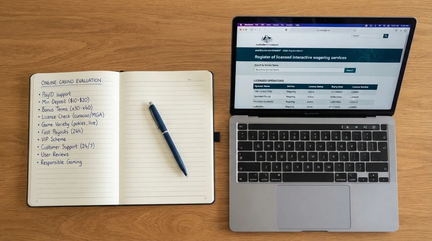 A desk setup with a notebook listing evaluation criteria — PayID, minimum deposit, bonus terms, licence check — beside a laptop showing the ACMA register