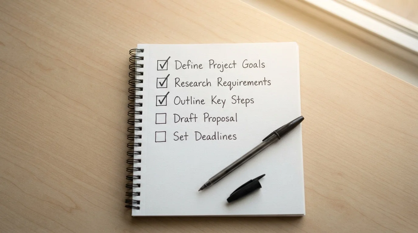 A notepad with five handwritten tick-box items — Bonus Trigger, Withdrawal Minimum, Licence, PayID, Wagering — with the first three ticked and a pen resting beside the list