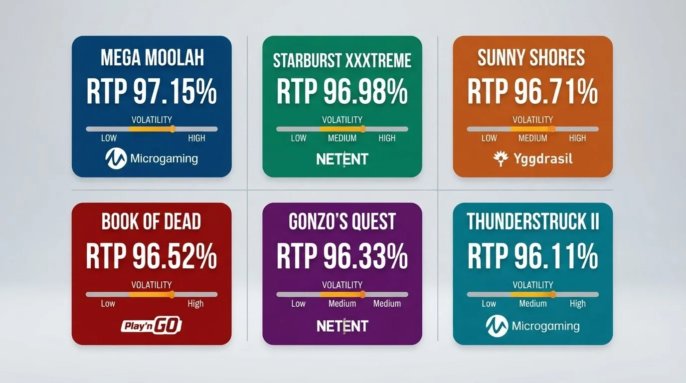 A side-by-side grid layout showing several five-reel pokie title cards with their RTP percentages, volatility ratings and provider names displayed beneath each one