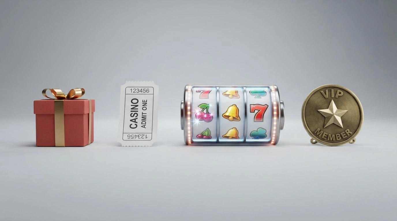Four labelled icons in a row — a gift box (welcome), a zero-dollar ticket (no-deposit), a spinning pokie reel (free spins), and a returning-player badge (reloads)