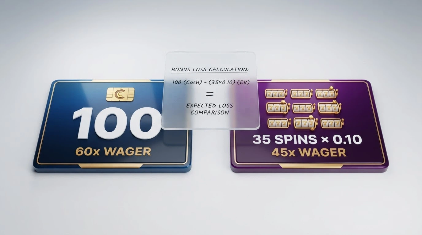 Two casino bonus tiles side by side — one showing a $100 free chip with 60x wagering, the other showing 35 free spins at $0.10 each — with a calculator overlay running the expected-loss maths