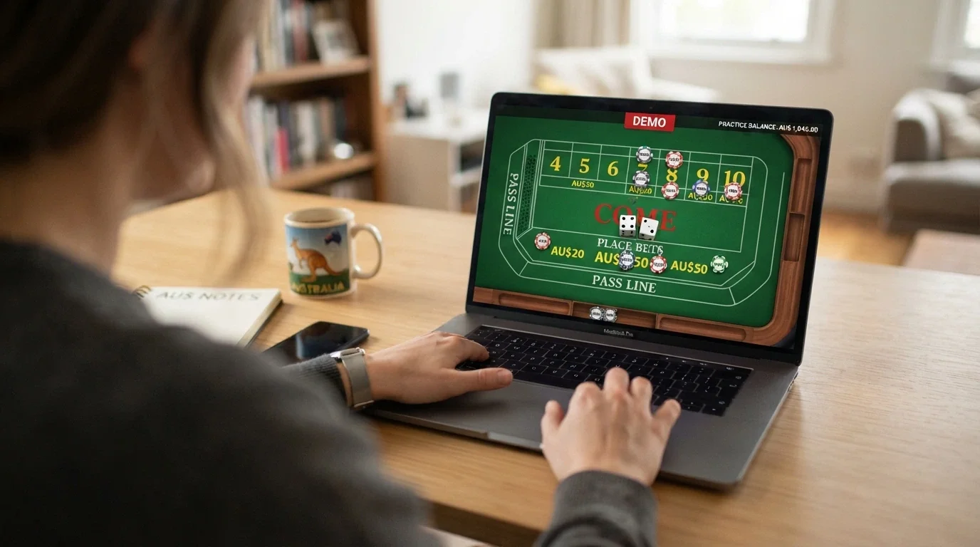 A craps game screen with a demo-mode badge visible, showing a practice balance and a bet being placed