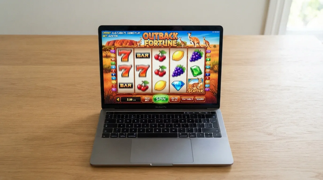 A browser window showing a free-play pokies game in demo mode with a play-money balance displayed