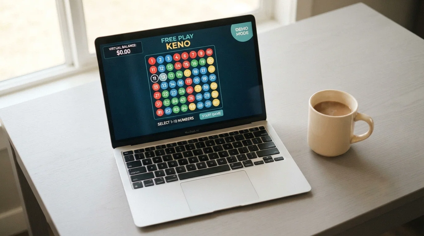 A laptop screen showing a free-play keno game with a visible zero-dollar balance and a demo-mode badge in the corner