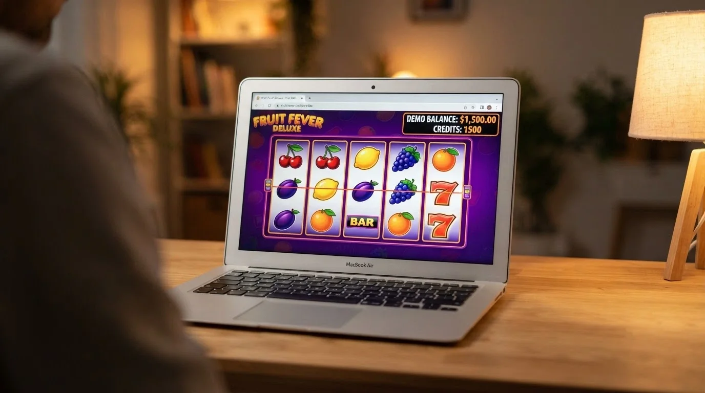 A laptop screen showing a 3-reel pokie in browser demo mode, no login prompt visible, with the play-money balance counter in the corner