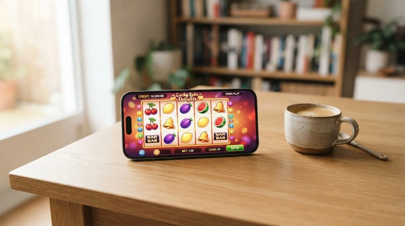 An iPhone showing a pokie in demo mode with a play-money balance visible in the corner and no deposit prompt on screen