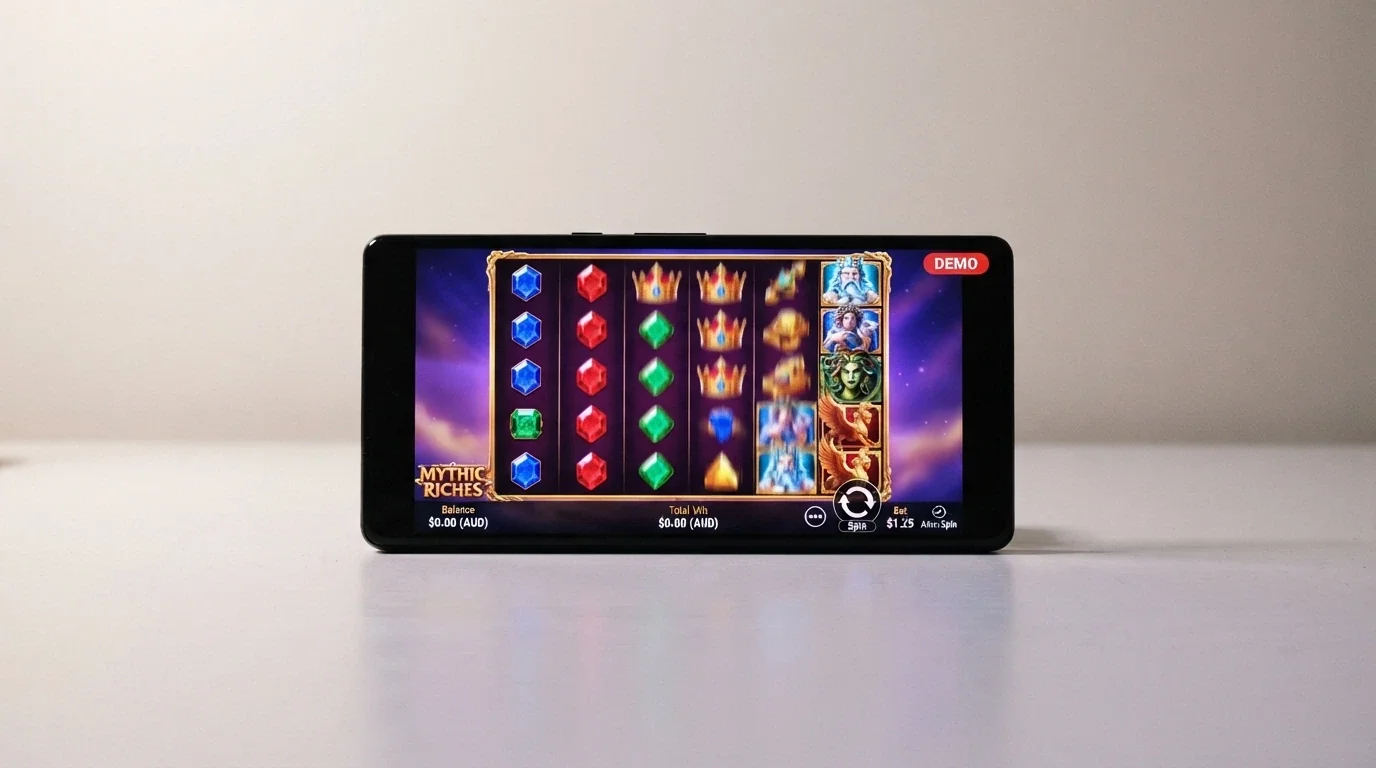 A smartphone showing a Gates of Olympus demo-mode spin with the “DEMO” badge visible, zero balance displayed, and the spin result animating