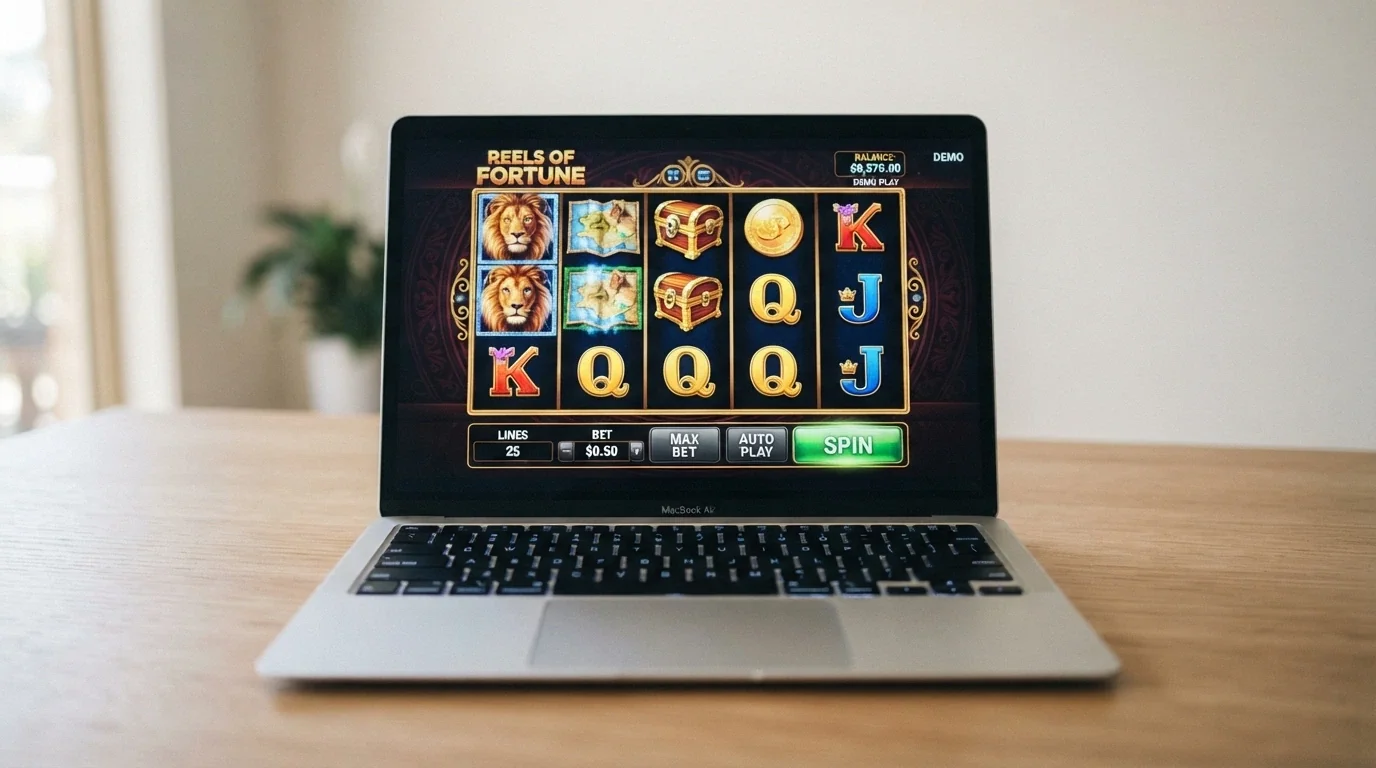 A laptop or tablet screen displaying an Aristocrat pokie in demo-play mode, showing the play-money balance and a spin in progress with the Reel Power layout visible