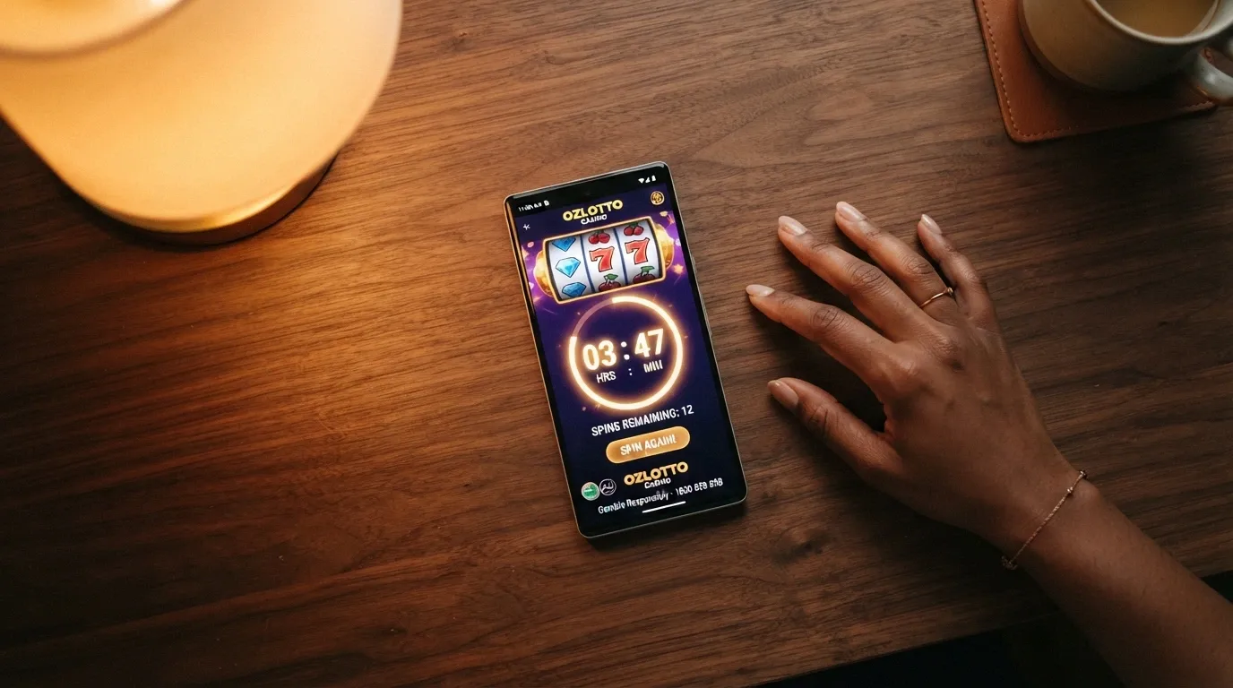 A smartphone showing a casino free-spins balance with a countdown timer nearing zero
