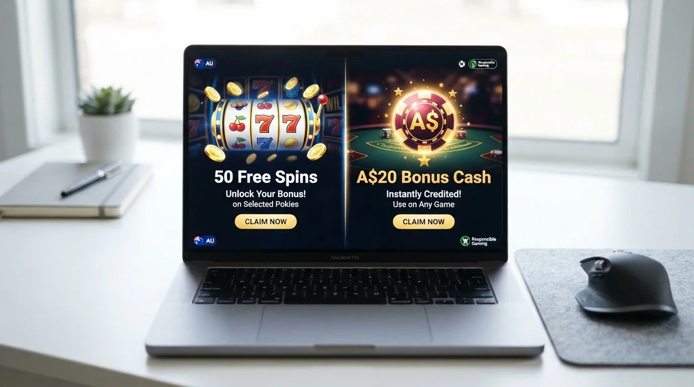 A side-by-side comparison of a free-spins offer screen and a free-chip bonus notification on a casino interface